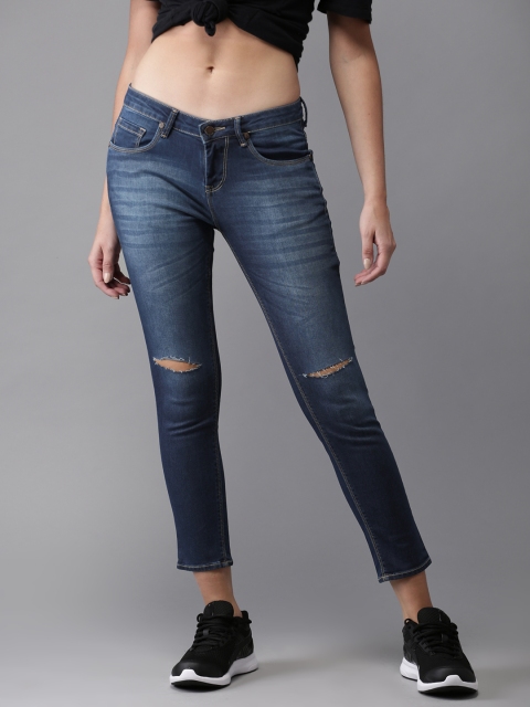 

HERE&NOW Women Blue Skinny Fit Mid-Rise Slash Knee Stretchable Cropped Jeans