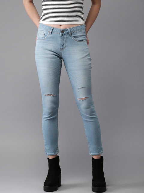 

HERE&NOW Women Blue Skinny Fit Mid-Rise Low Distress Stretchable Cropped Jeans