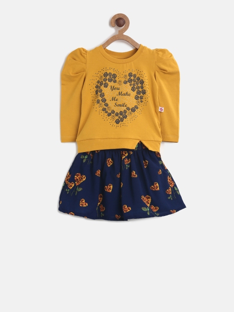 

Peppermint Girls Mustard Yellow & Navy Blue Printed Top with Skirt