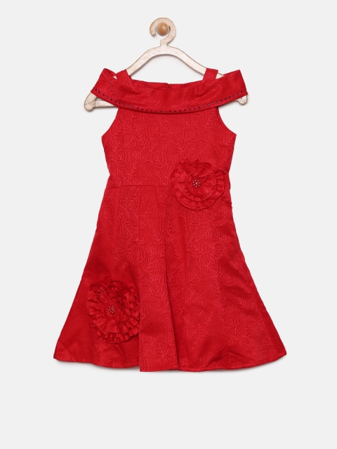 

Peppermint Girls Red Self Design Fit and Flare Dress