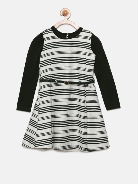 

Peppermint Girls Olive Green & White Striped A-Line Dress