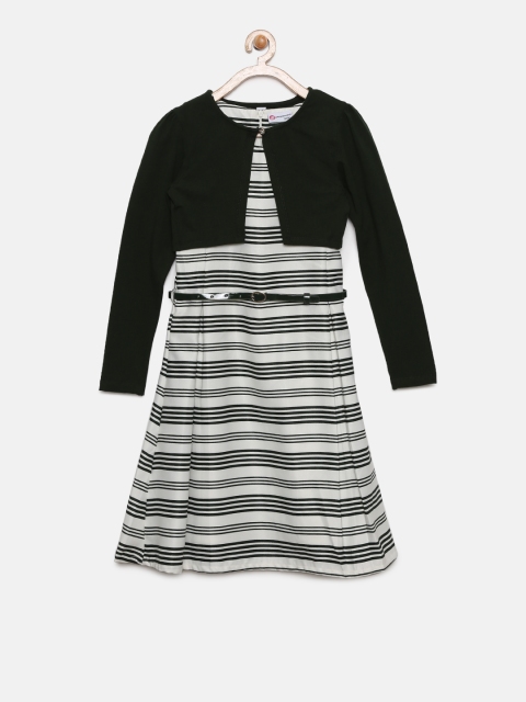 

Peppermint Girls Olive Green & White Striped A-Line Dress