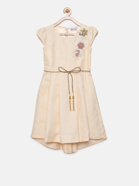 

Peppermint Girls Beige Self Design Fit and Flare Dress