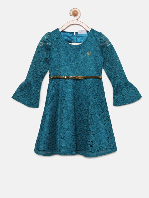 

Peppermint Girls Teal Blue Self Design Fit and Flare Lace Dress