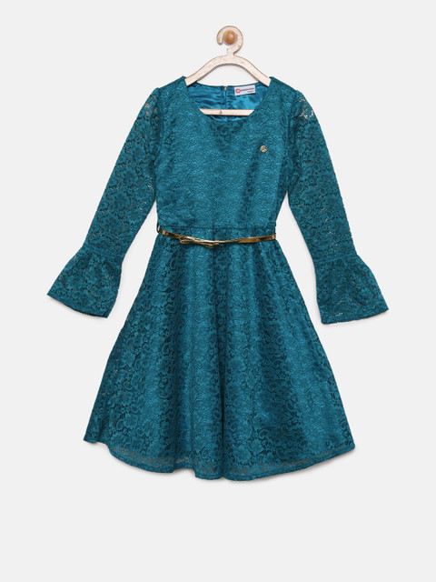 

Peppermint Girls Teal Blue Self Design Fit and Flare Lace Dress