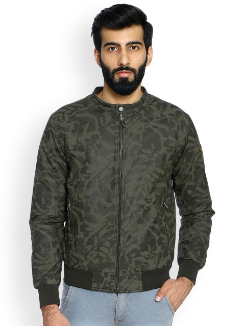 

Duke Men Olive Green Camouflage Print Bomber