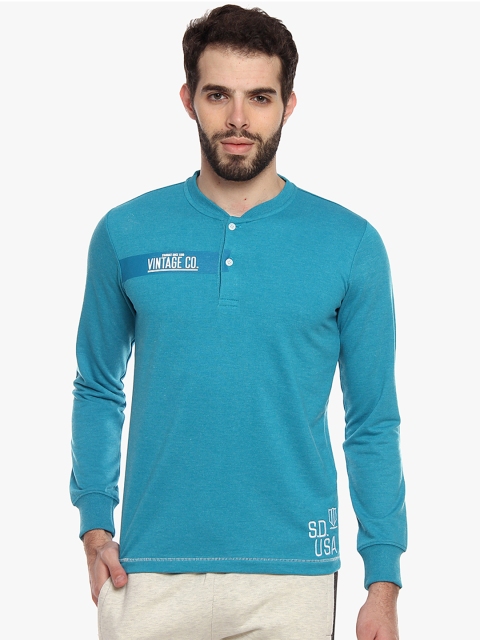 

Duke Men Turquoise Blue Solid Henley Neck T-shirt
