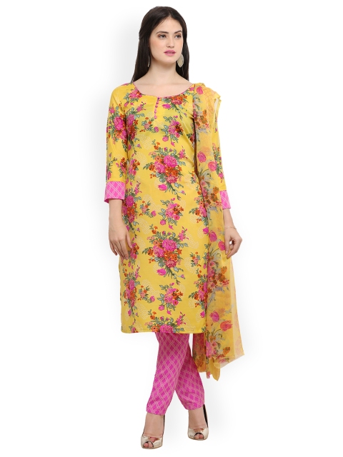 

Satrani Yellow & Pink Cotton Blend Unstitched Dress Material