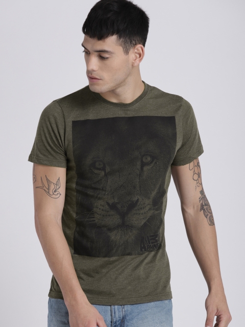 

Splash Men Olive Green Printed Round Neck T-shirt
