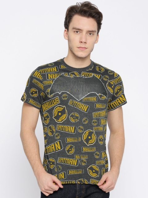 

Splash Men Charcoal Grey & Yellow Printed Round Neck T-shirt