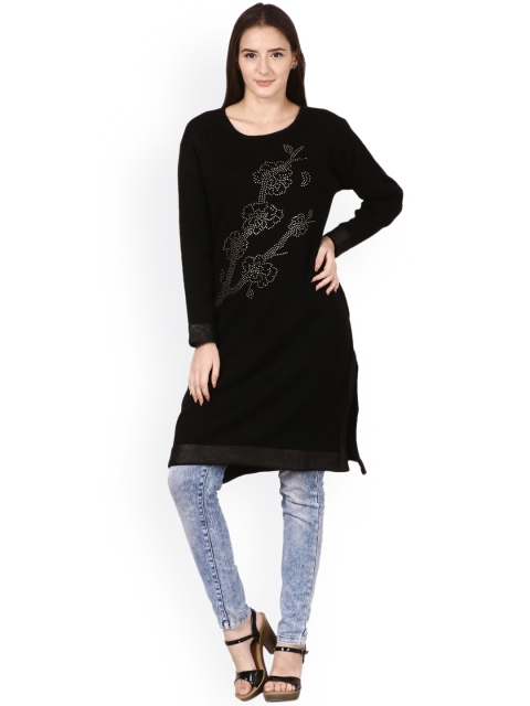 

Saadgi Women Black Embellished Straight Woollen Kurta