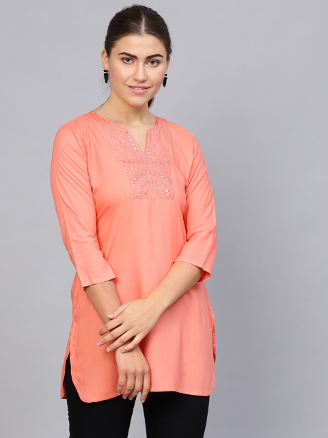 

Saadgi Women Peach-Coloured Embroidered Yoke-Design Straight Kurti