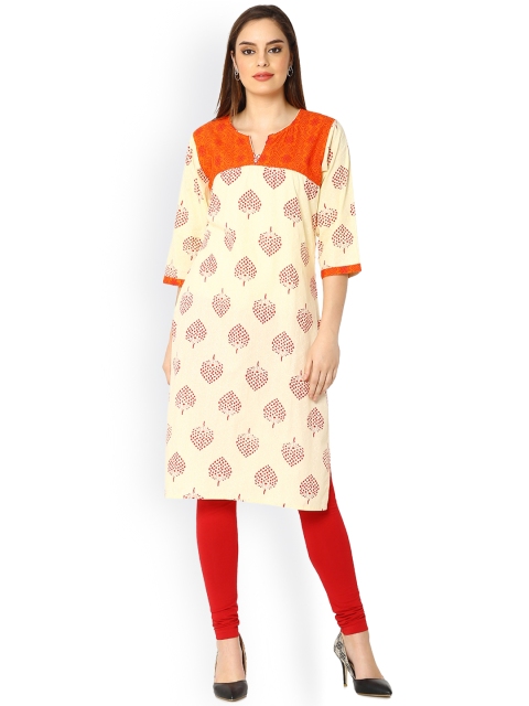 

Soch Women Cream-Coloured & Orange Printed A-Line Kurta