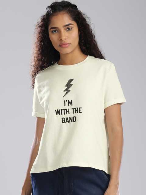 

Levis Women Cream-Coloured Printed Round Neck Pure Cotton T-shirt