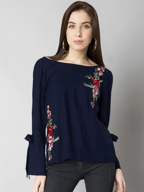 

FabAlley Women Navy Blue Embroidered Top