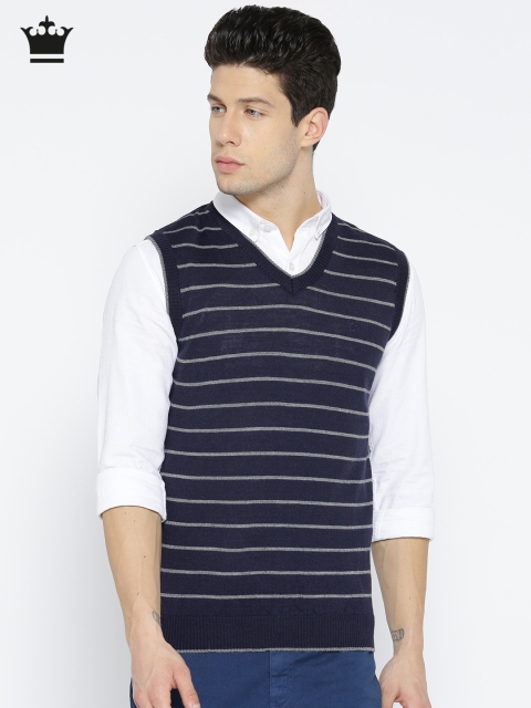 

Louis Philippe Men Navy Blue & Grey Melange Striped Sleeveless Sweater