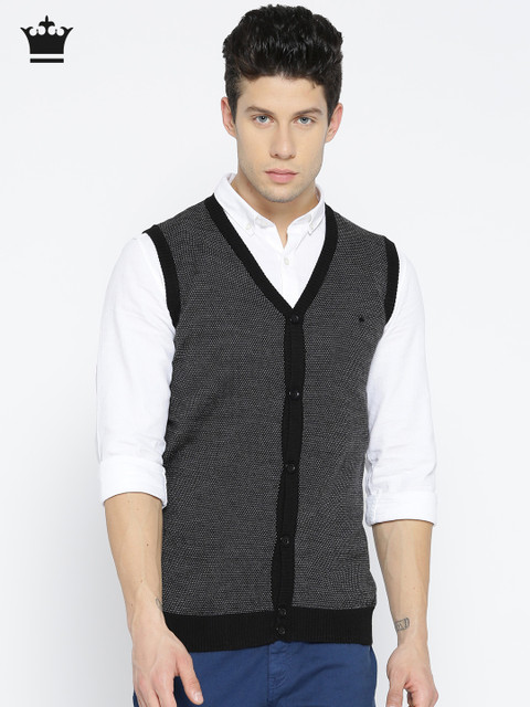 

Louis Philippe Men Grey Melange & Black Self-Design Cardigan