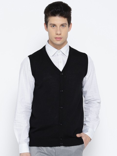 

Louis Philippe Men Black Solid Sleeveless Cardigan
