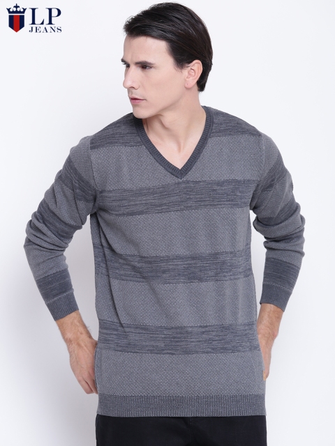 

Louis Philippe Jeans Men Grey Self-Striped Sweater