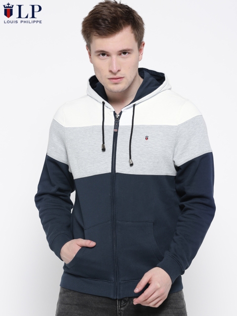 

Louis Philippe Men Navy Blue & Grey Melange Hooded Colourblocked Sweatshirt