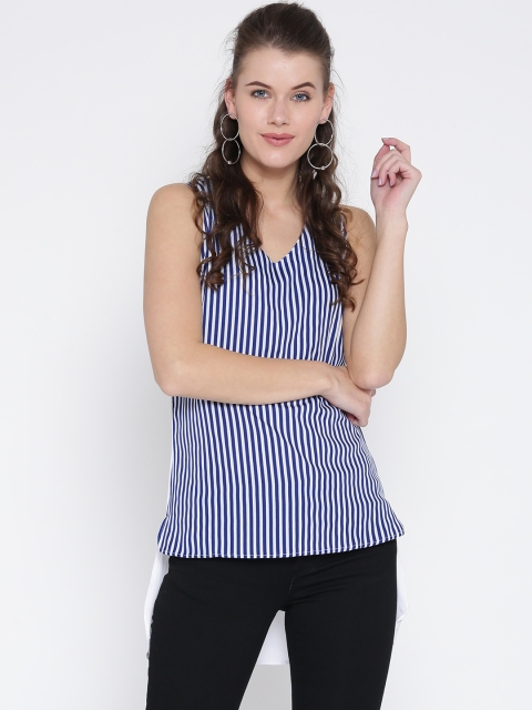 

Noi Women Navy Blue & White Striped High-Low Pure Cotton Top