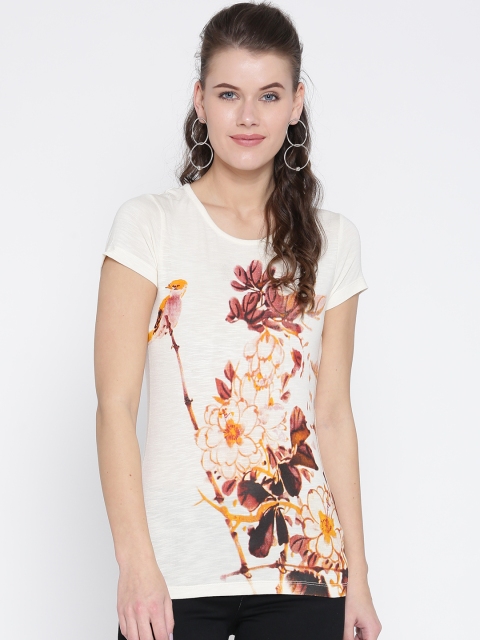 

Noi Women Cream-Coloured Printed Round Neck T-shirt