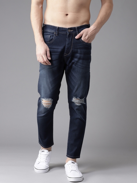 

Moda Rapido Men Navy Blue Slim Tapered Fit Mid-Rise Cropped Slash Knee Stretchable Jeans
