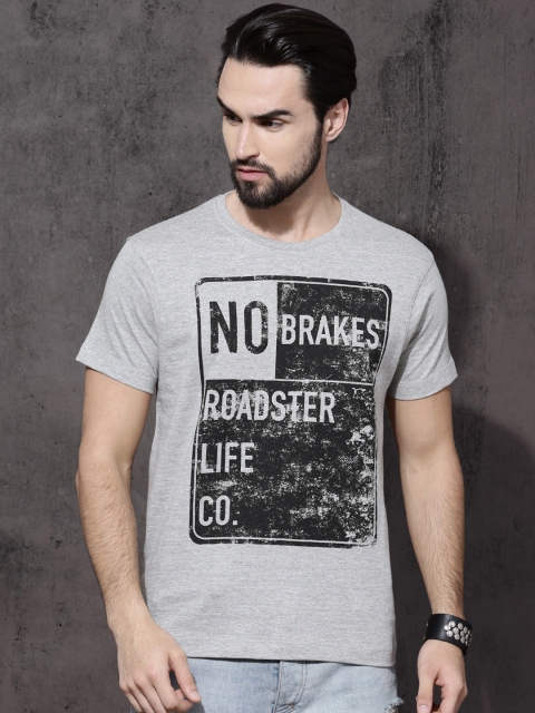 

Roadster Men Grey Melange Printed Round Neck T-shirt