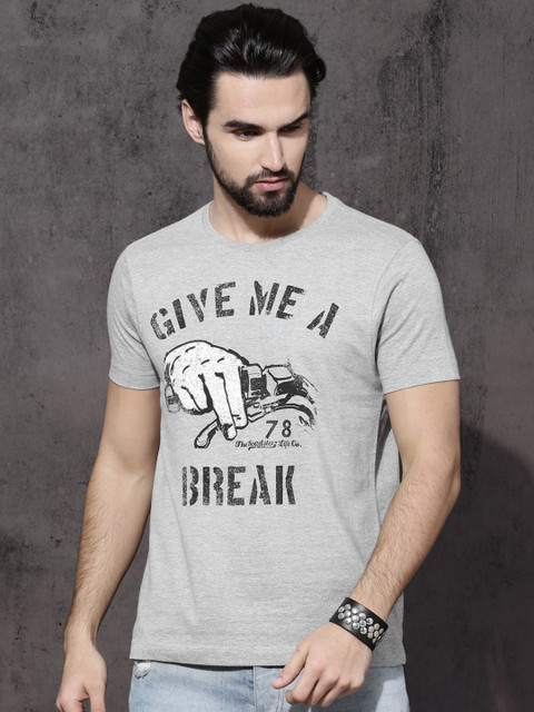 

Roadster Men Grey Melange Printed Round Neck T-shirt