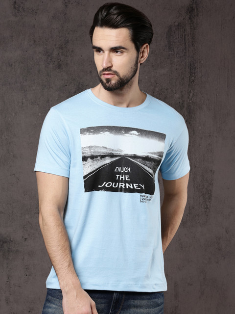 

Roadster Men Blue Printed Round Neck Pure Cotton T-shirt