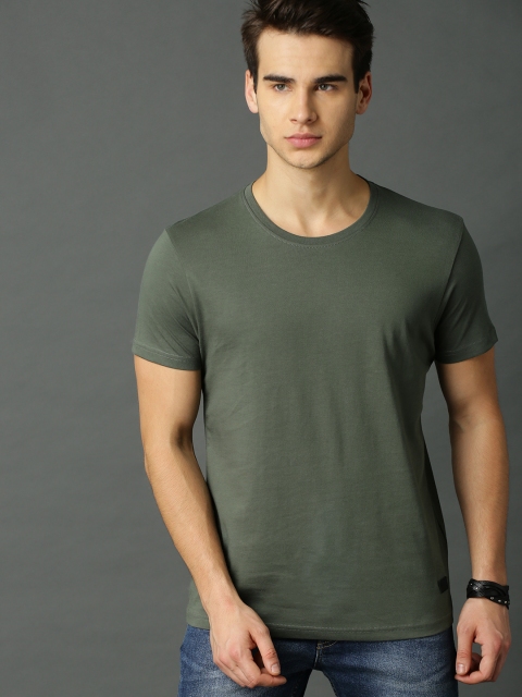 

Roadster Men Olive Green Solid Round Neck Pure Cotton T-shirt