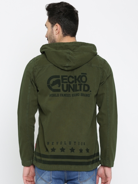 

Ecko Unltd Men Olive Green Solid Hooded Tailored Jacket