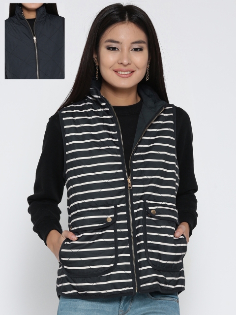 

U.S. Polo Assn. Women Navy Blue Striped Sleeveless Reversible Quilted Jacket