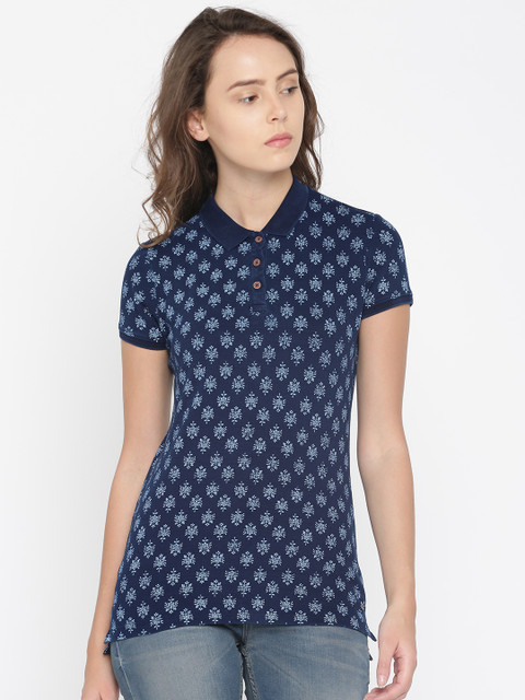 

U.S. Polo Assn. Women Women Navy Blue Printed Polo Collar T-shirt