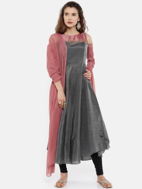 

Ira Soleil Women Grey & Pink Solid Anarkali Asymmetric Kurta