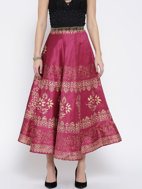 

Ira Soleil Pink & Golden Printed Maxi Flared Skirt