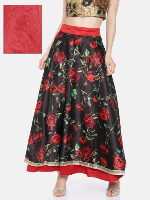 

Ira Soleil Black & Red Floral Print A-Line Maxi Reversible Skirt