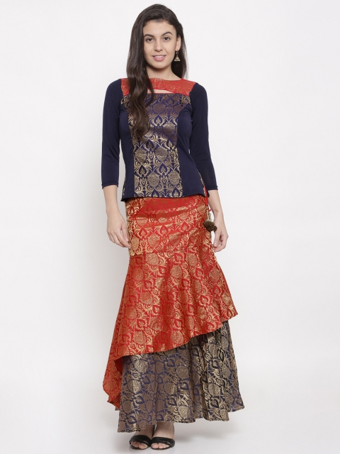 

Ira Soleil Navy Blue & Red Woven Design Ready to Wear Lehenga & Blouse
