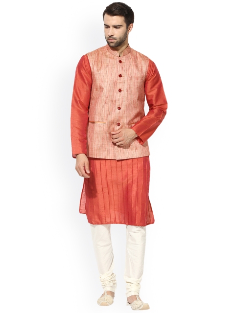 

KISAH Men Coral & Pink Self Design Kurta with Churidar & Nehru Jacket