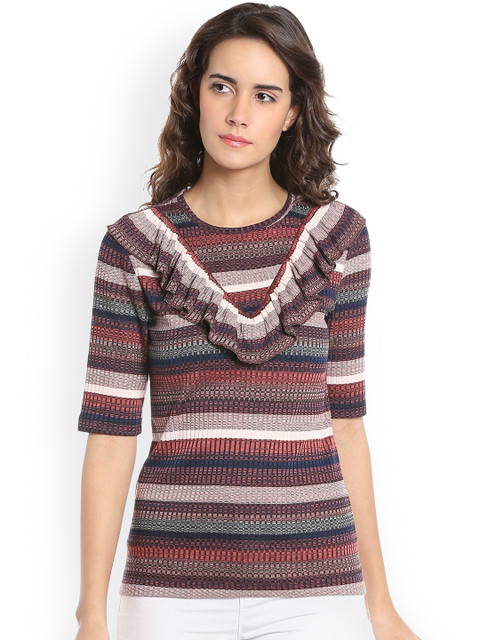 

Vero Moda Women Pink & Navy Striped RufflesTop