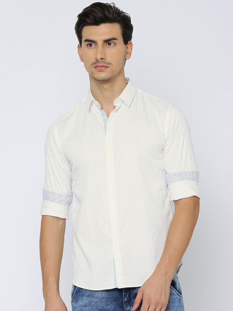 

Flying Machine Men Off-White Smart Slim Fit Printed Casual Shirt