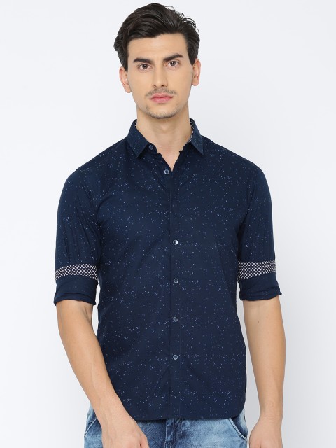 

Flying Machine Men Navy Smart Slim Fit Printed Casual Shirt, Navy blue