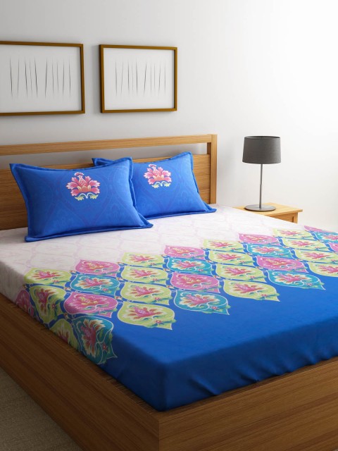 

Portico New York Navy Blue & Cream-Coloured Ethnic Motifs Flat 144 TC Cotton 1 King Bedsheet with 2 Pillow Covers