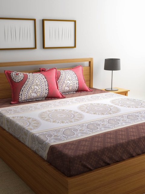 

Portico New York White & Brown Ethnic Motifs Flat 144 TC Cotton 1 King Bedsheet with 2 Pillow Covers