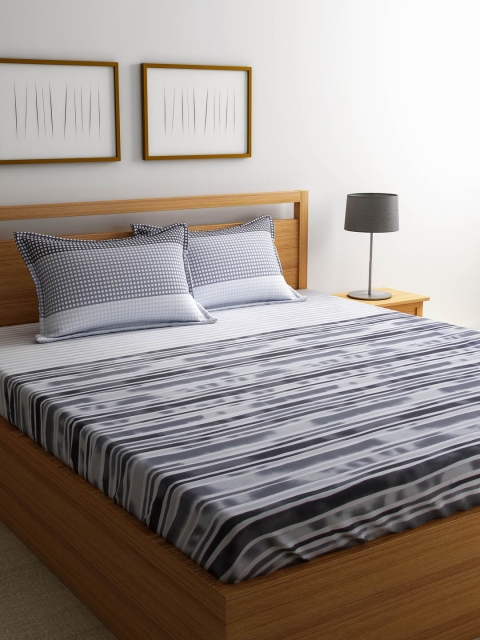 Portico New York Grey & Black Abstract Flat 144 TC Cotton 1 King Bedsheet with 2 Pillow Covers