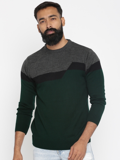 

Roadster Men Green & Charcoal Grey Colourblocked Pullover
