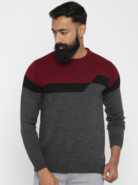 

Roadster Men Charcoal Grey & Maroon Colourblocked Pullover