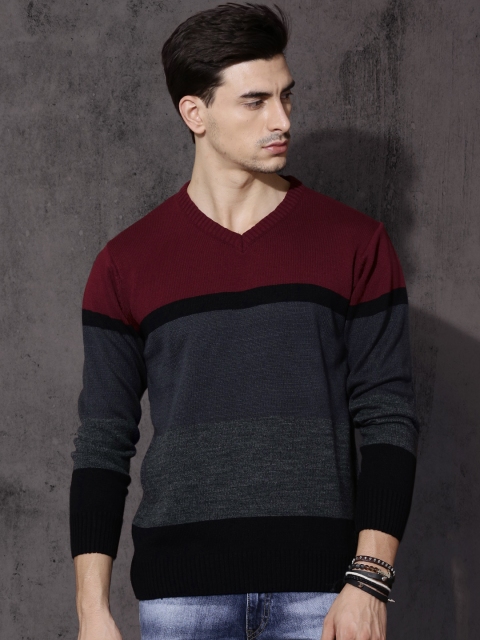 

Roadster Men Charcoal Grey & Maroon Colourblocked Pullover