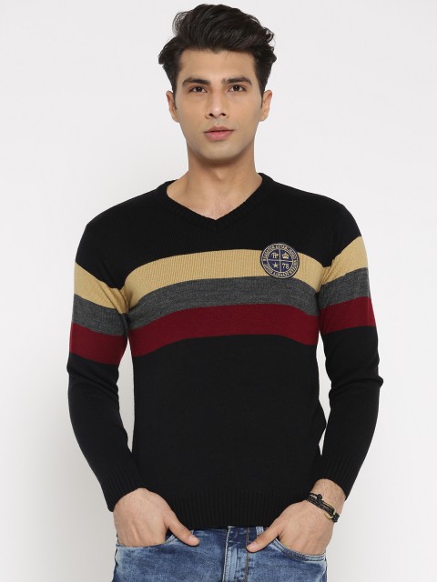

Roadster Men Black & Beige Striped Sweater