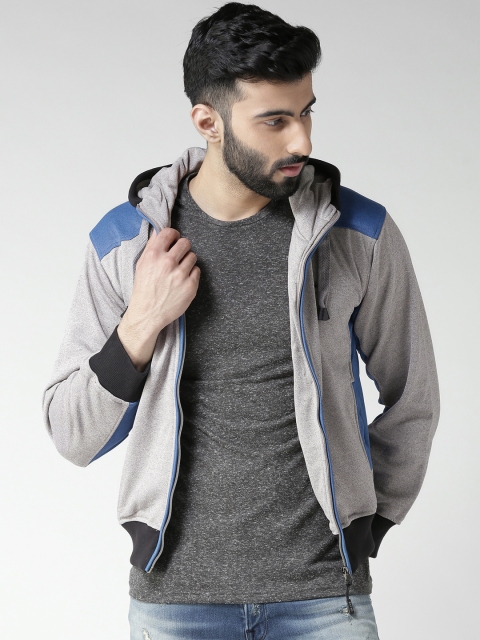 

Okane Men Grey Melange Colourblocked Hooded Sweatshirt